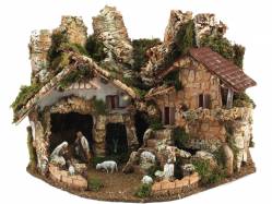 PRESEPE NEL PAESE CON LUCI,FONTANA,FUOCO E NATIVITA'