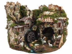 PRESEPE NEL PAESE CON LUCI,MULINO,CASCATA E NATIVITA'